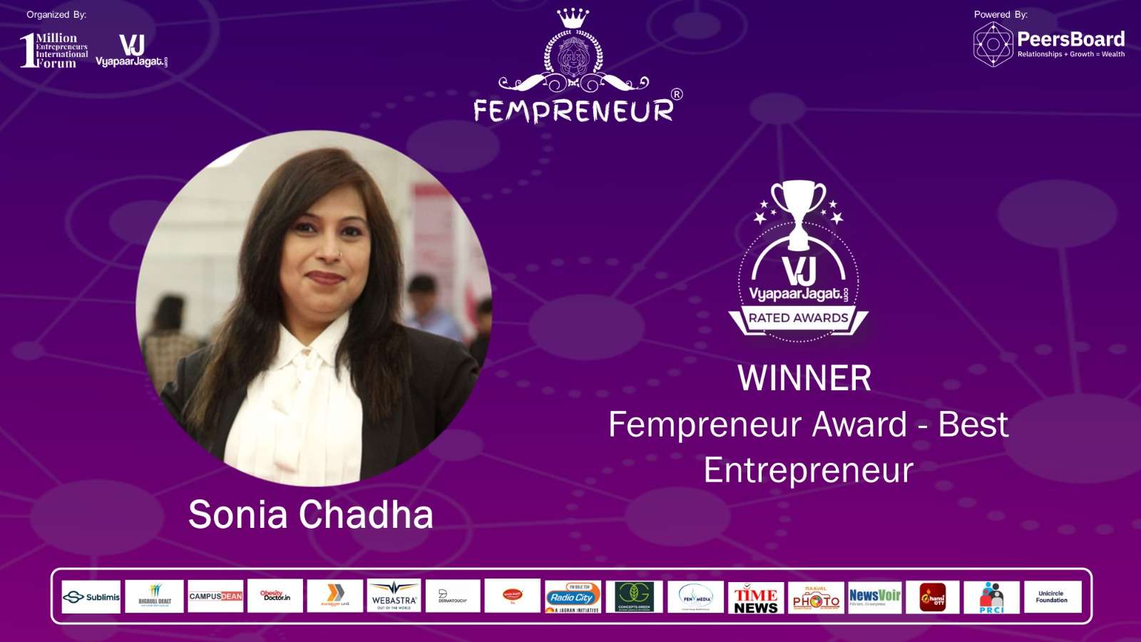 Sonia Chadha Bagged Fempreneur - Best Entrepreneur Award